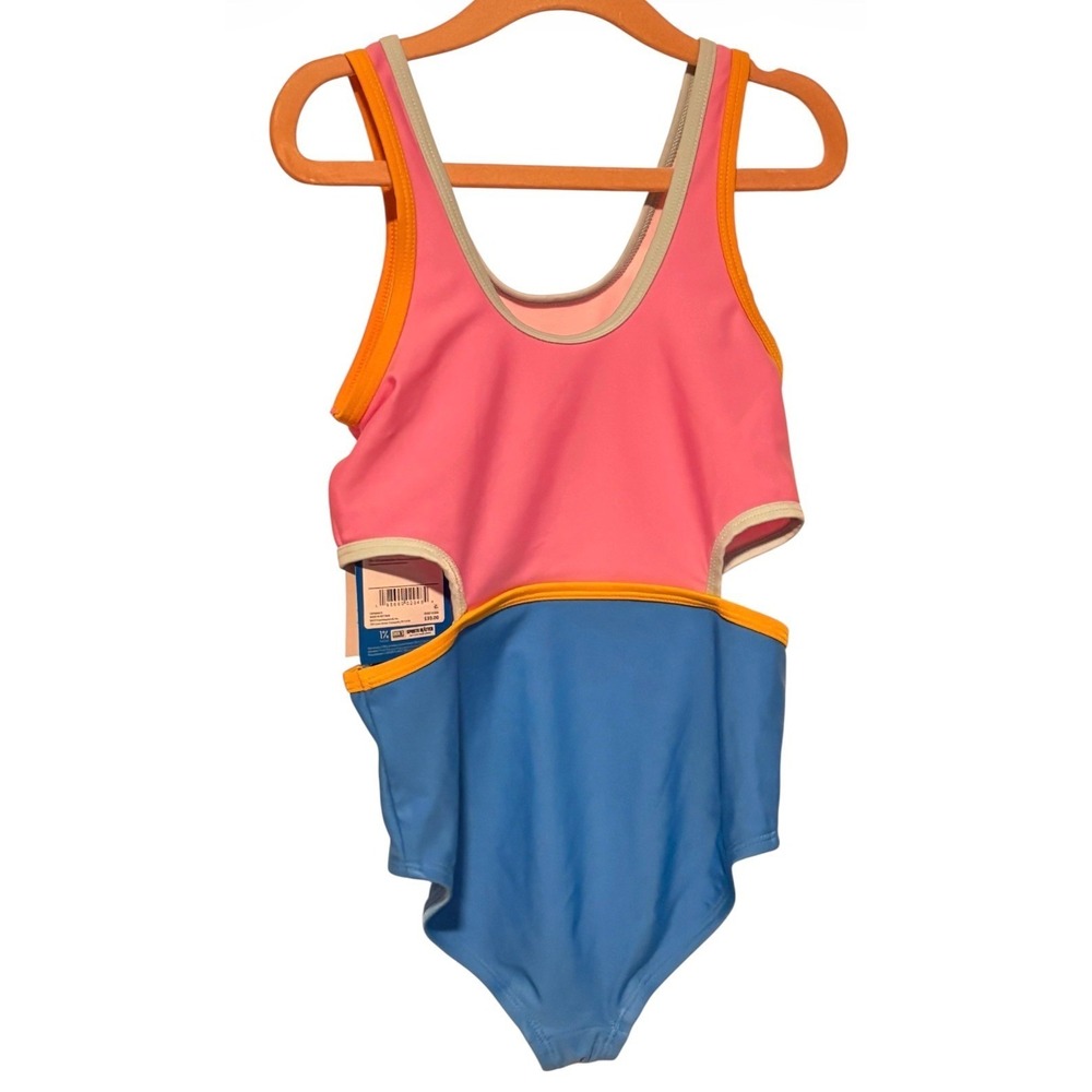 DSG Girls One Piece Swimsuit Cut Outs Aqua Blue Pink Size Medium 8-10 NEW
